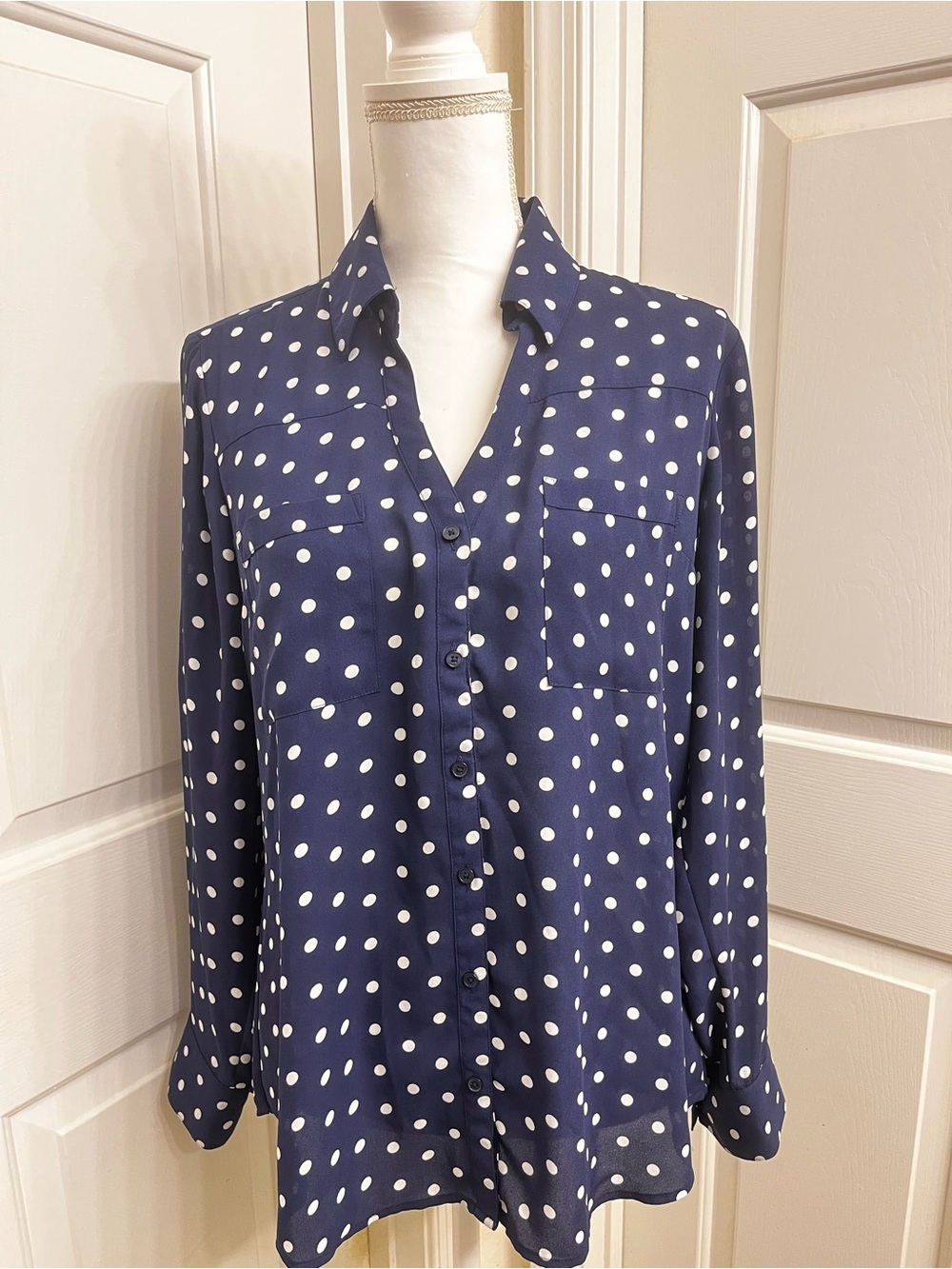 Express Navy and White Polka Dot Button-Down Shirt